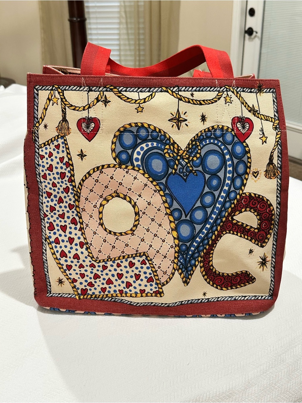 Brighton Red-Trim Canvas Tote with Colorful 'Love' Heart Motif